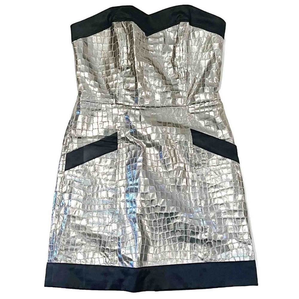 Voom by Joy Han Metallic Silver Shiny Strapless Cocktail Dress with Pockets Rare